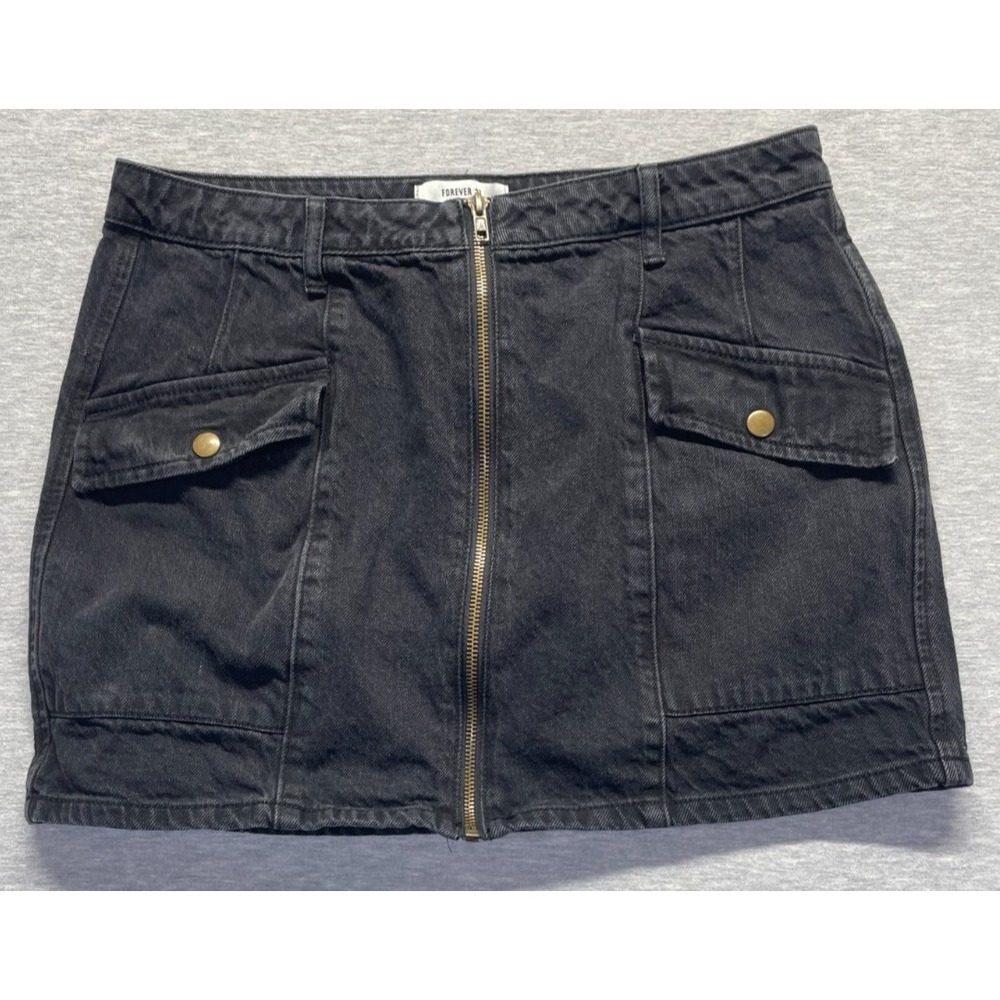 Forever 21 Denim Mini Skirt Womens Large Black Cotton Utility Pockets Full Zip